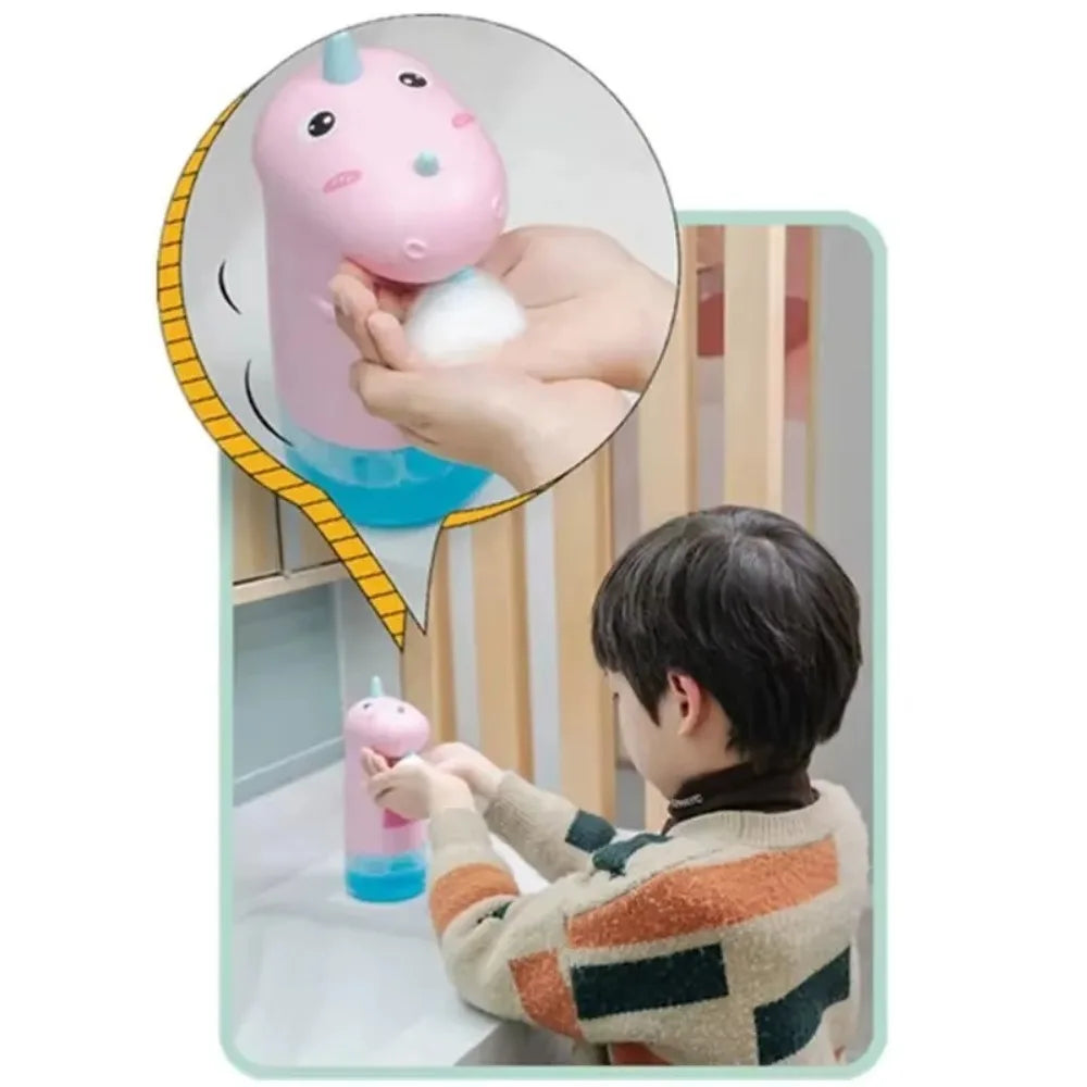 Dispensador de sabonete líquido de alta qualidade, 250ml, unicórnio fofinho, automático, a pilhas, com reservatório em espuma, frasco para álcool gel sem toque, ideal para casa de banho infantil.